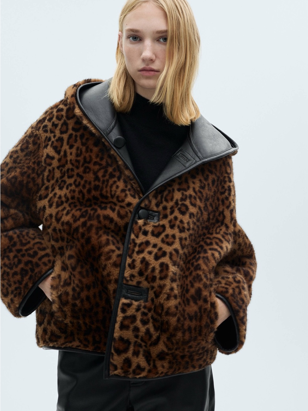 Mango Reversible Leopard Print Faux Leather Jacket Black Oversized
